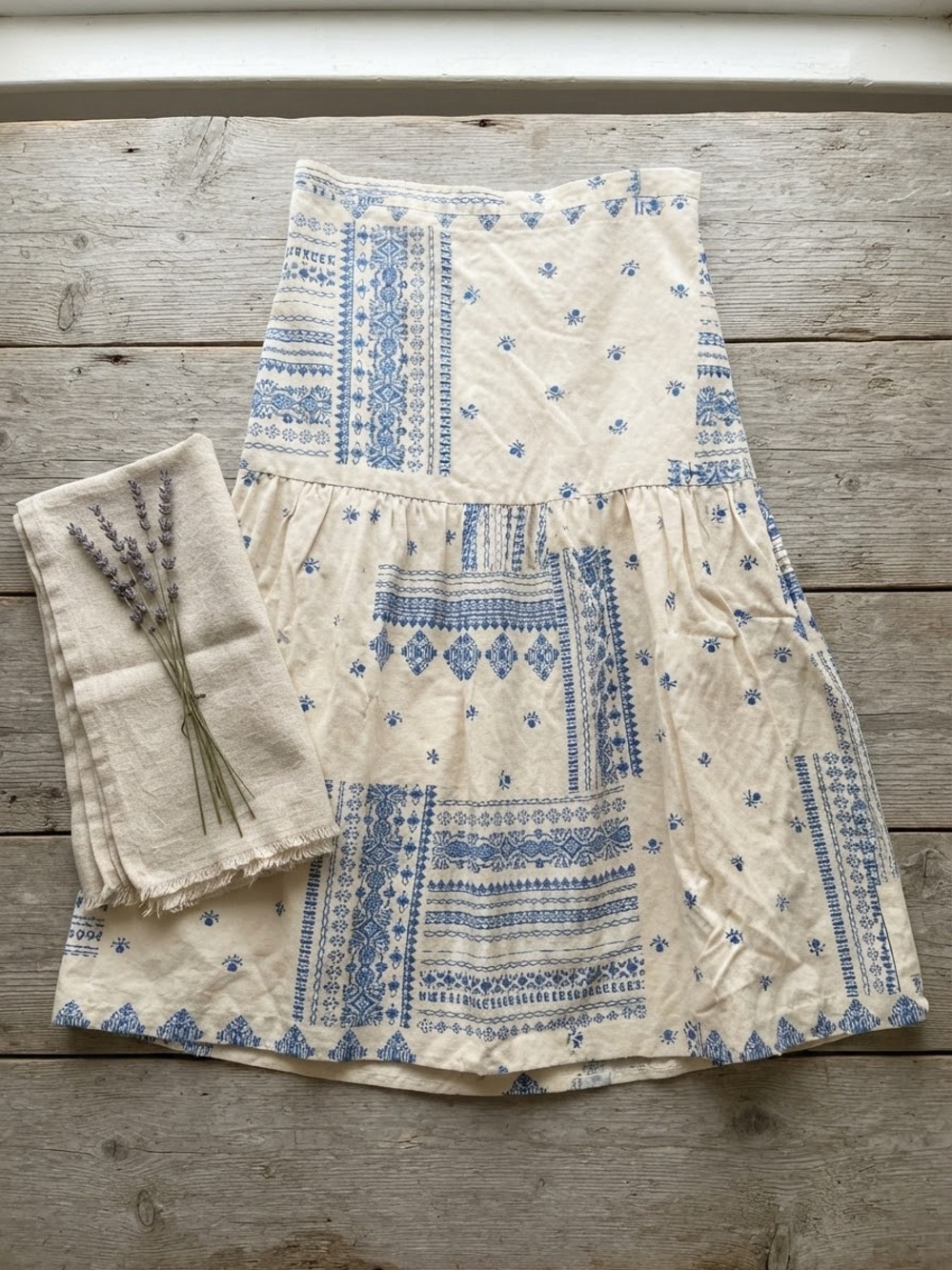 Maison d'Amélie Linen Blend Blue Patchwork Tiered Midi Skirt L Peasant Boho